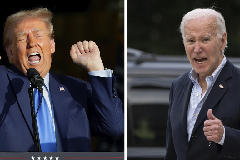 One man feigns having a tantrum while another speaks while raising his thumb.