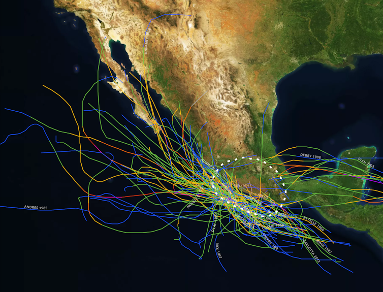 A map of the Mexico area with lots of storm tracks offshore and a few crossing land in the southern part of the country.