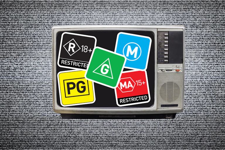 Australia's five film classifications on an old TV screen
