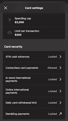 Screenshot of on-line banking app showing card settings