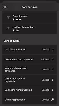 Screenshot of on-line banking app showing card settings