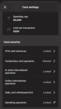 Screenshot of on-line banking app showing card settings