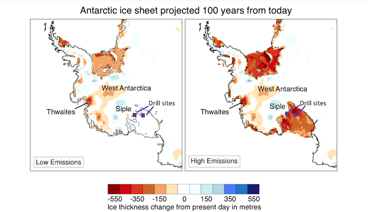 This graph shows how much ice West Antarctica is expected to lose under different emissions scenarios.