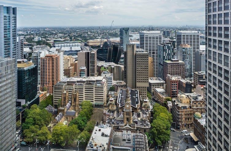 A compact view of a built up central business area in Sydney.
