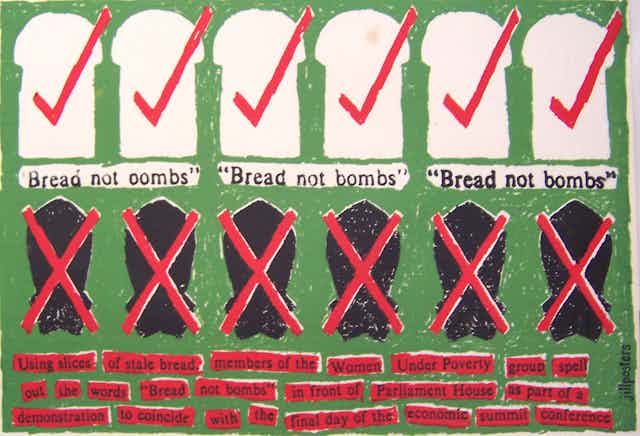 An anti-war and anti-poverty Jillposters print displays the word 'Bread not bombs'