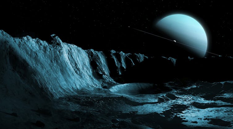 An illustration of the blue-green planet Uranus, as seen from the cratered surface of one of its moons.