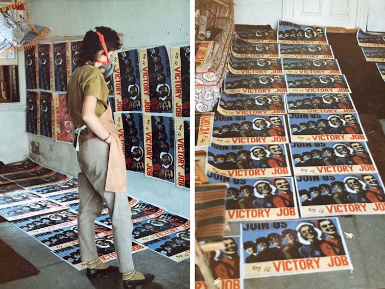 Carole Wilson looking at posters in a mask.