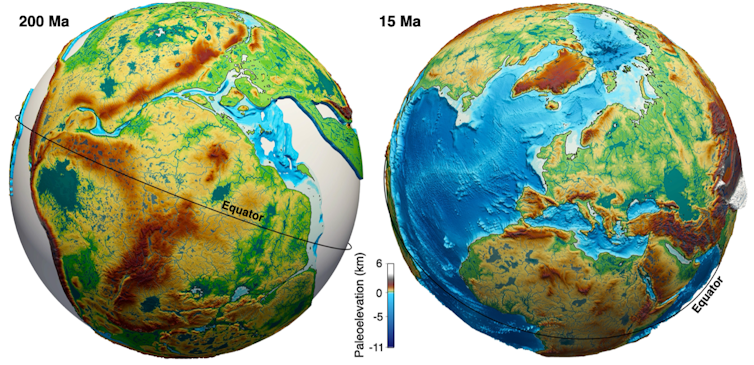 Two colourful computer simulated Earth globes side by side