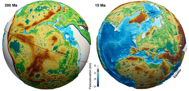 Two colourful computer simulated Earth globes side by side