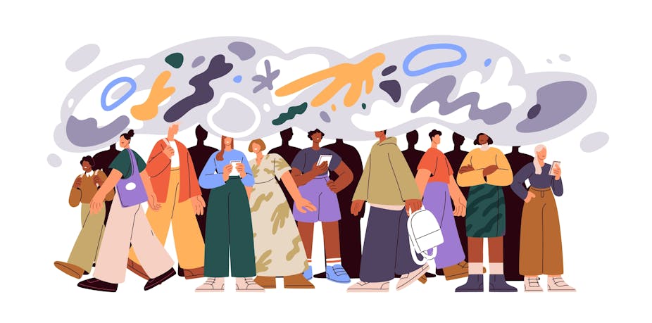 Colourful illustration of a crowd of people of different ethnicities, with a collective cloud over their heads featuring abstract shapes