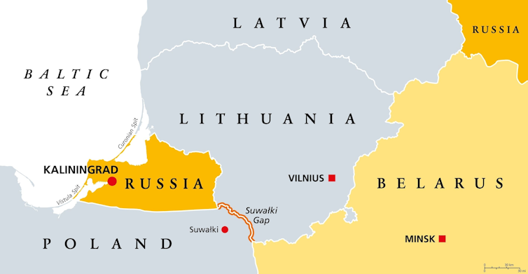 Map of eastern Europe highlighting the Suwalki Gap between Belarus and Kaliningrad/