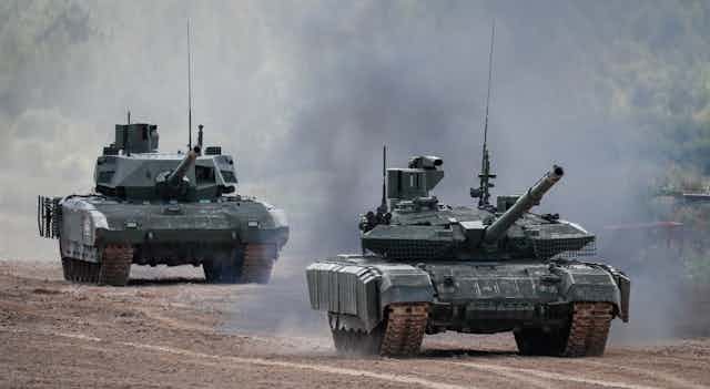 Russian T-90MS (R) and T-14 Armata tanks on exercises near Moscow August 2023
