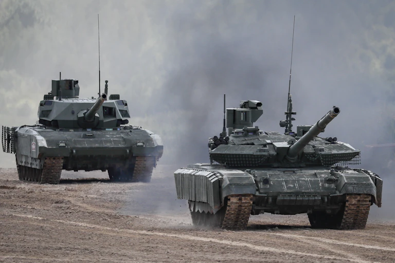 Russian T-90MS (R) and T-14 Armata tanks on exercises near Moscow August 2023
