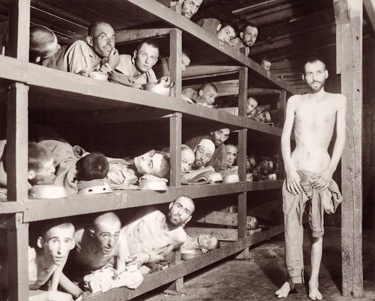 A picture of men with high levels of malnutrition at the Buchenwald concentration camp in April 1945.