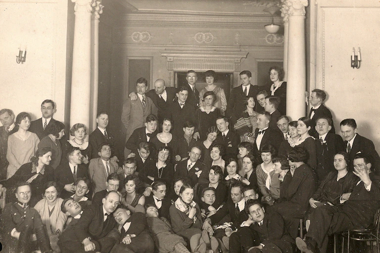 A black and white archival photograph of a group of students.