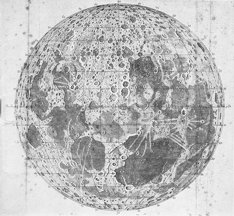 A map of the Moon by the 18th-century German astronomer Tobias Mayer.