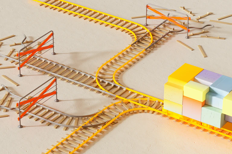 An illustration of blocks in the shape of a train approaching a point with three sets of tracks to choose from.