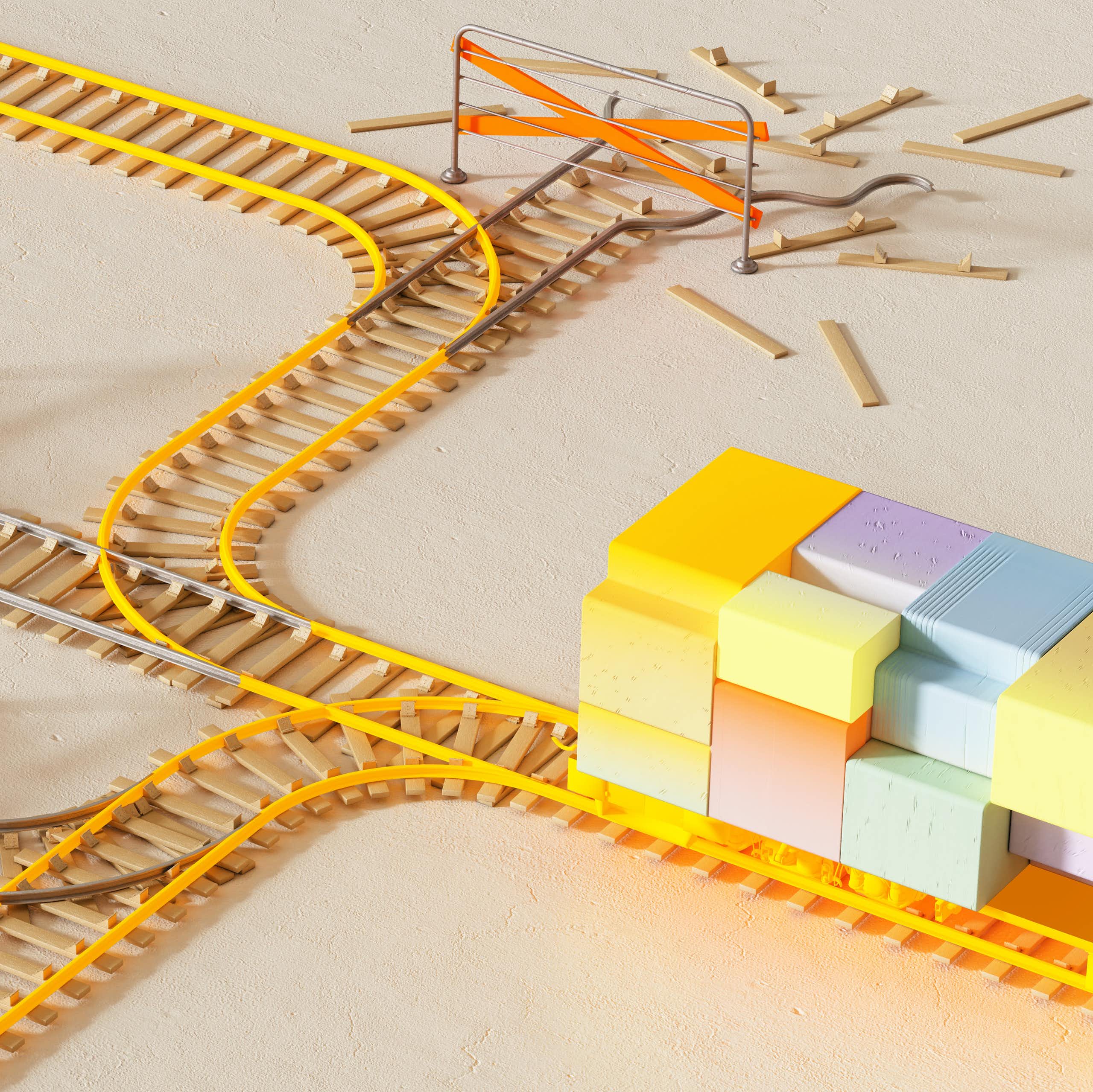 An illustration of blocks in the shape of a train approaching a point with three sets of tracks to choose from.