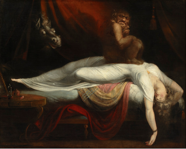 An 18th-century painting of a sleeping woman with a demon perched on her chest.
