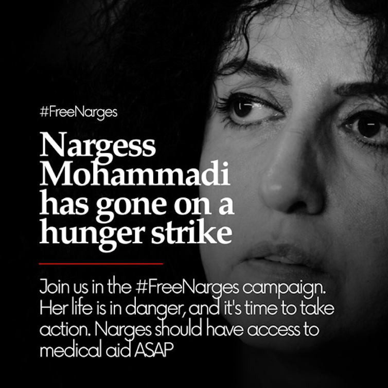 A poster for the #FreeNargesMohammadi campaign