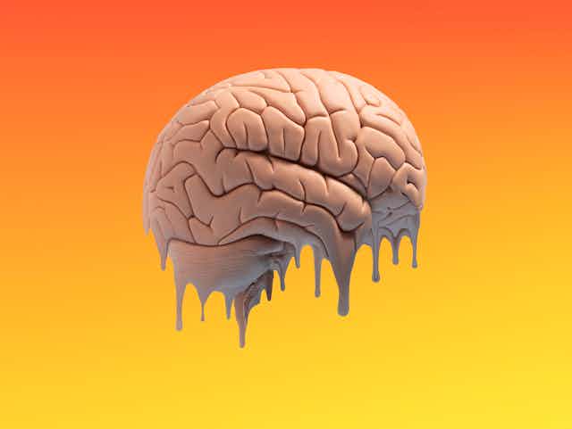Illustration of brain melting in front of an orange and yellow gradient background