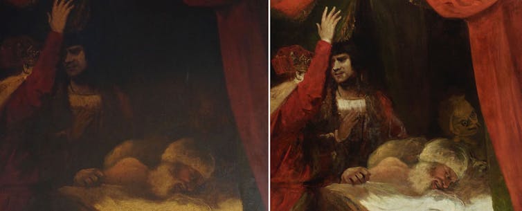 A before and after image of an 18th-century painting of the death of a cardinal following a cleaning treatement.