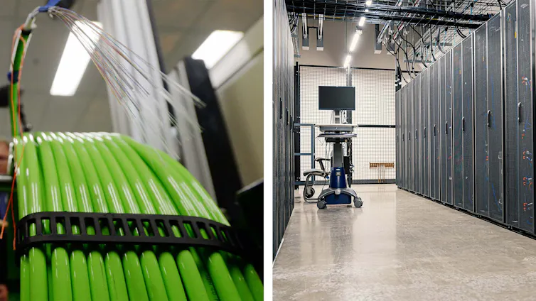 The core layer is abstract but includes fibre optic cables and datacentres