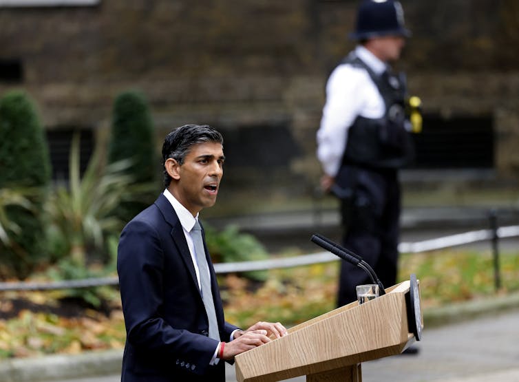 Prime Minister Rishi Sunak speaking on Downing Street.