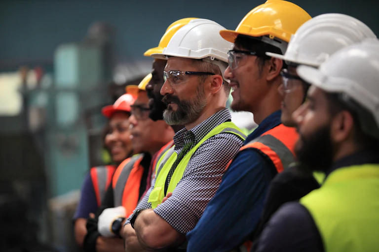 Workers with hard hats on standing in a line.