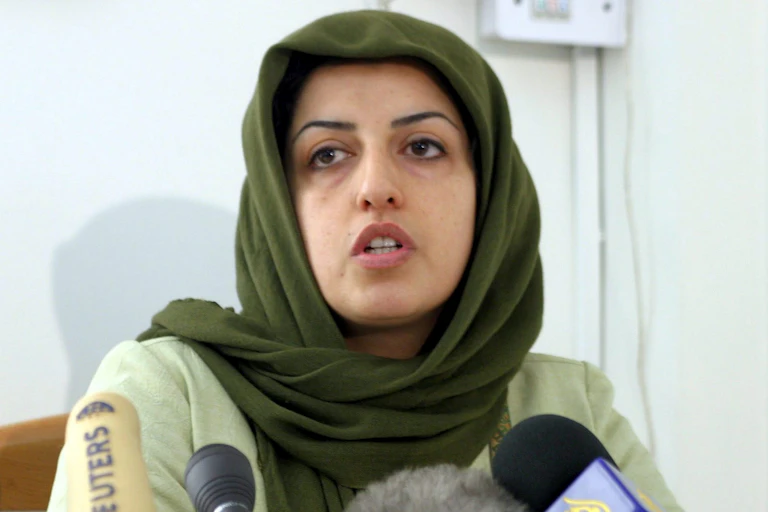 2023 Nobel peace laureate, Narges Mohammadi gives an interview wearing a hijab.