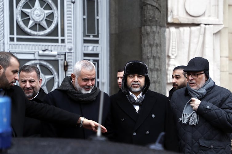 Senior Hamas officials Ismail Haniyeh and Mousa Abu Marzook outside the Russian foreign ministry in Moscow, March 2020.