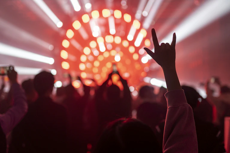Back of a cheering audience at a concert, with someone holding up their hand in the sign of the horns