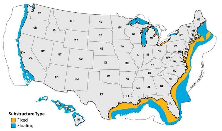 Map showing offshore wind energy potential along U.S. coastlines.