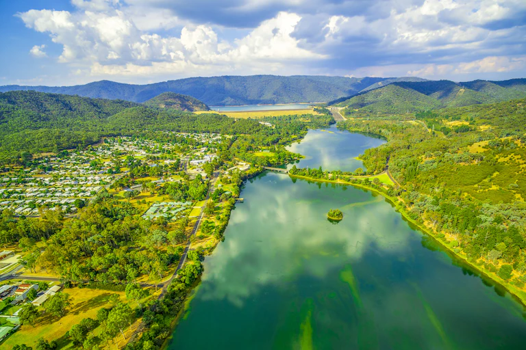Aerial scenic view of a lake near Goulburn, Victoria, showing development on the floodplain