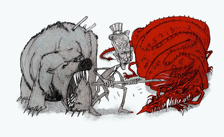 In a cartoon president Joe Biden prods Chinese dragon, Russia lies wounded by war in Ukraine.