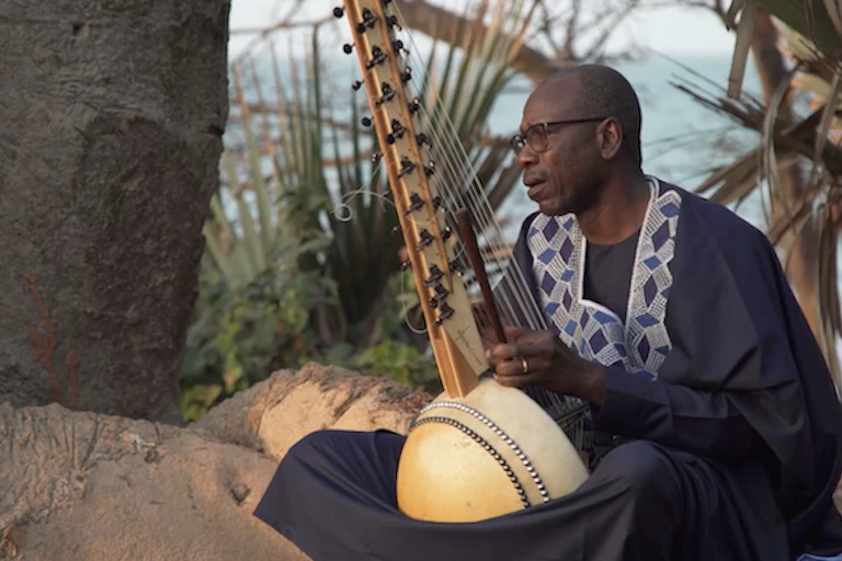 Un homme assis sous des palmiers, vêtu d'une robe traditionnelle d'Afrique de l'Ouest, joue d'un instrument à cordes en bois avec un fond bulbeux et une longue tige.