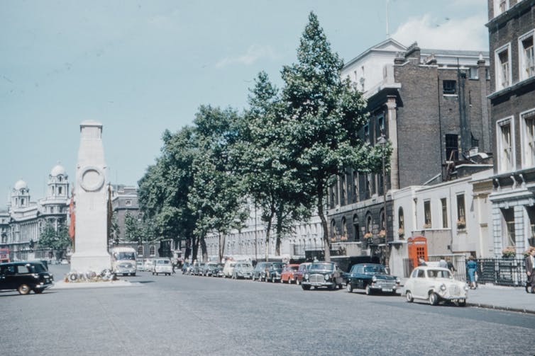 An archival photograph in colour London's Cenotaph war memorial on Whitehall.