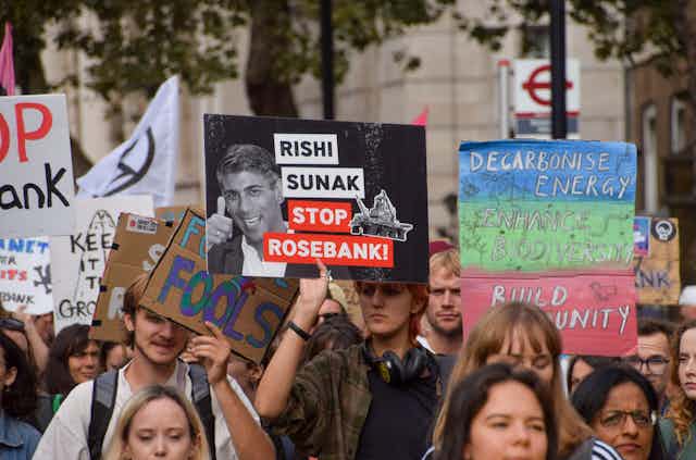 'Rishi Sunak stop Rosebank' sign at climate protest