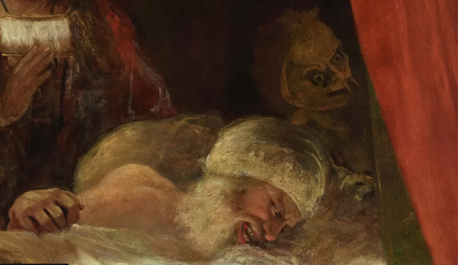 an 18-century painting showing a demon's head hovering over a man in his death throes in bed.