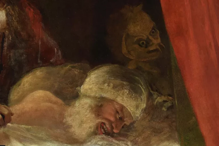 an 18-century painting showing a demon's head hovering over a man in his death throes in bed.