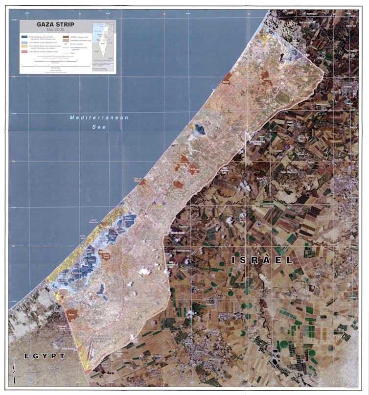 Map of the Gaza Strip in May 2005, a few months prior to the Israeli withdrawal. The major settlement blocs were the blue-shaded regions of this map.