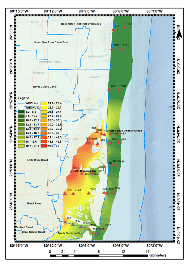 A map of Miami's Biscayne Bay and nearby coastal areas that were sampled. The hot spots stand out clearly near canal exits.