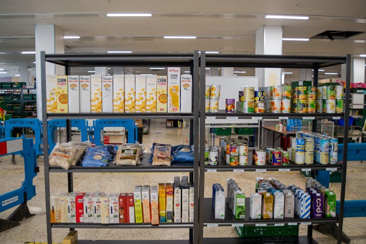 A shelf in a foodbank.