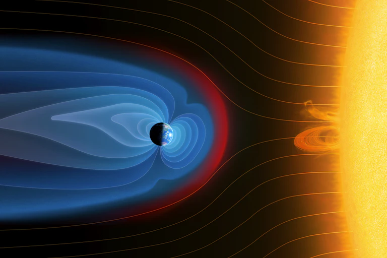 An illustration showing the Earth, with blue rings encircling it on the right side. The lines on its left are elongated horizontally. The Sun is shown on the right side.