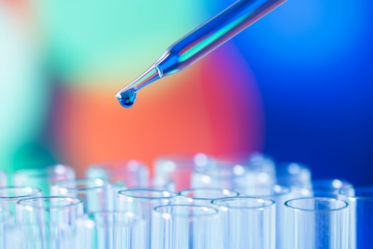 A photo showing a drop of blue liquid about to fall from a pipette into one of several empty test tubes.