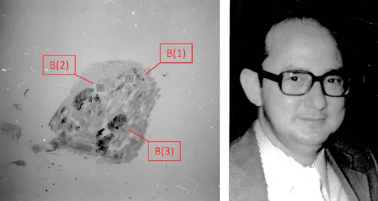 A fingerprint with forensic red labels on the left, a man with glasses smiles on the right