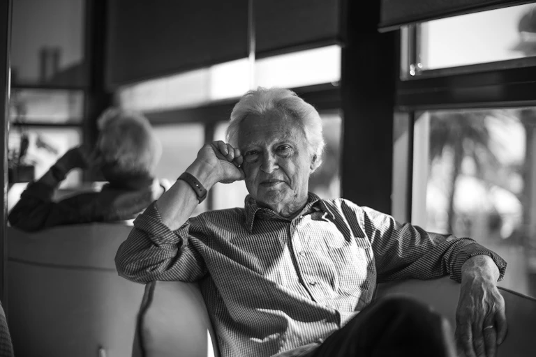 A black and white portrait of philosopher Raimond Gaita.