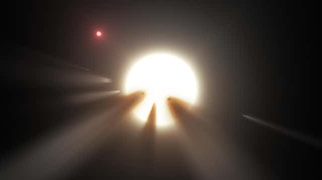Impresión artística de un enjambre de cometas ocultando una estrella. 