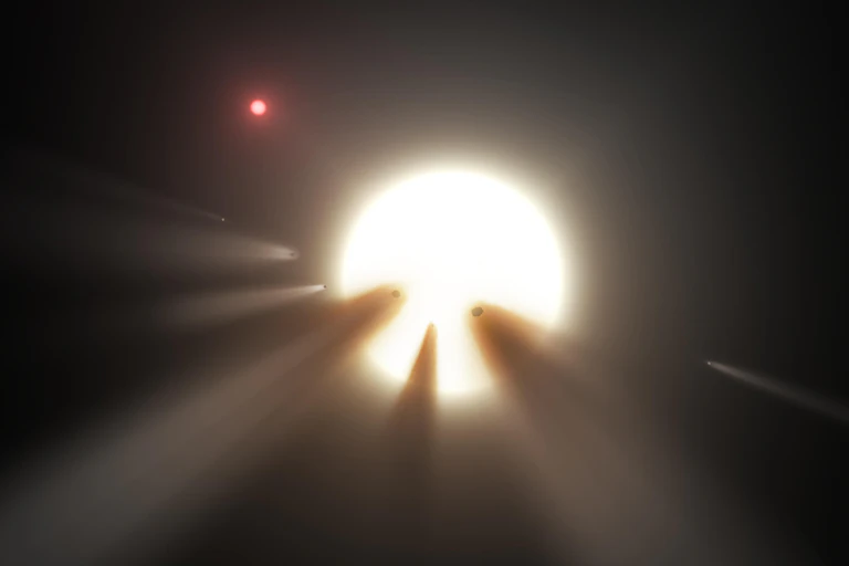 Impresión artística de un enjambre de cometas ocultando una estrella.