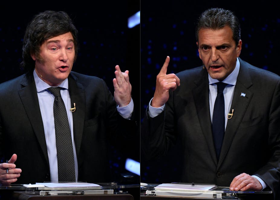 Montage de Javier Milei et Sergio Massa pendant un débat télévisé